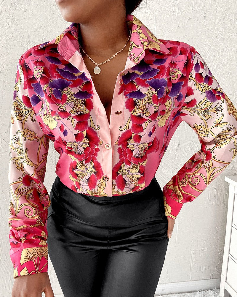 BamBam Women Long Sleeve Turndown Collar Button Print Shirt - BamBam