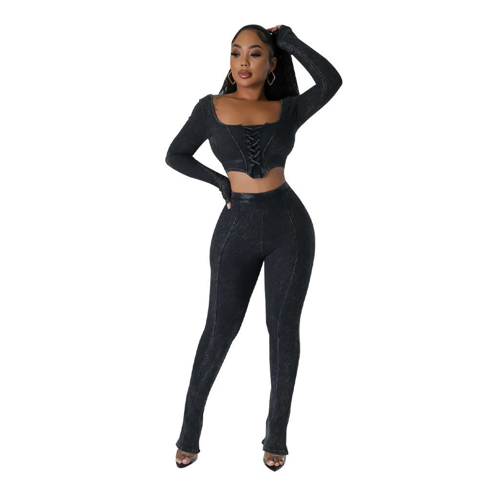 BamBam Women's Square Neck Long Sleeve Lace Up Top Sexy Tight Fitting Pencil Pants Fashion Two Piece Set - BamBam