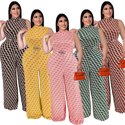 Plus Size Women Clothes Elegant Plaid Stand Collar Sleeveless Wide Leg Jumpsuit