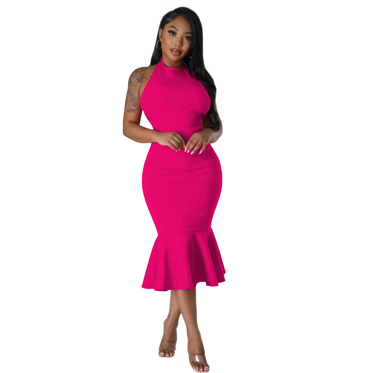 BamBam Ladies Fashion Sexy Slim Low Back Sleeveless Solid Color Dress - BamBam Clothing