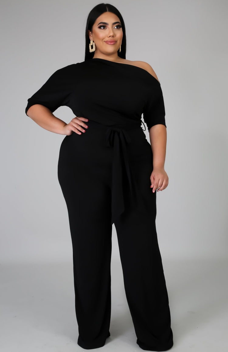 Summer Plus Size Black Slash Shoulder Formal Jumpsuit