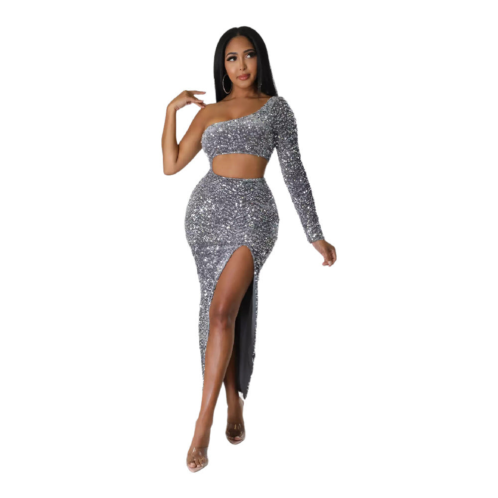 BamBam One Shoulder Trendy Sequin Sexy Crop Slit Women'S Party Dress - BamBam Clothing Clothing