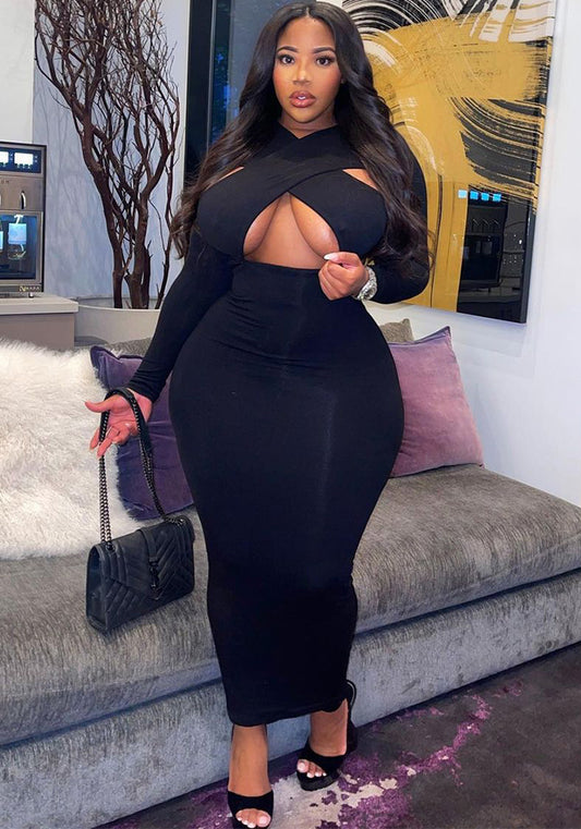 Plus Size Women's Sexy Style Crossover Long Sleeve Dress