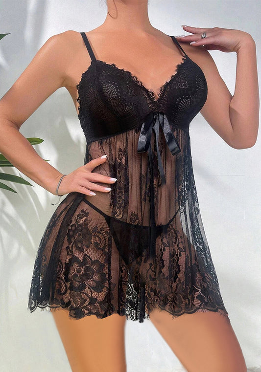 Women Black Sexy Lace Babydoll Lingerie Set