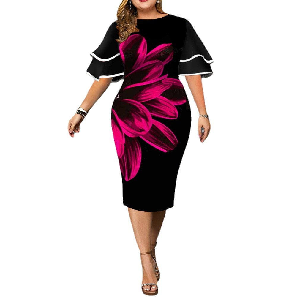 BamBam Autumn/Winter Digital Printing Plus Size Women's Flying Sleeves Bodycon Dress - BamBam