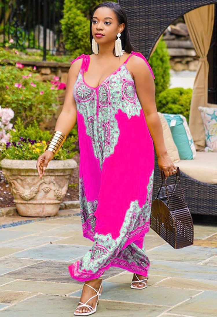 BamBam Women Summer Pink Casual V-neck Sleeveless Floral Print Full Length Loose Plus Size Jumpsuit - BamBam Clothing