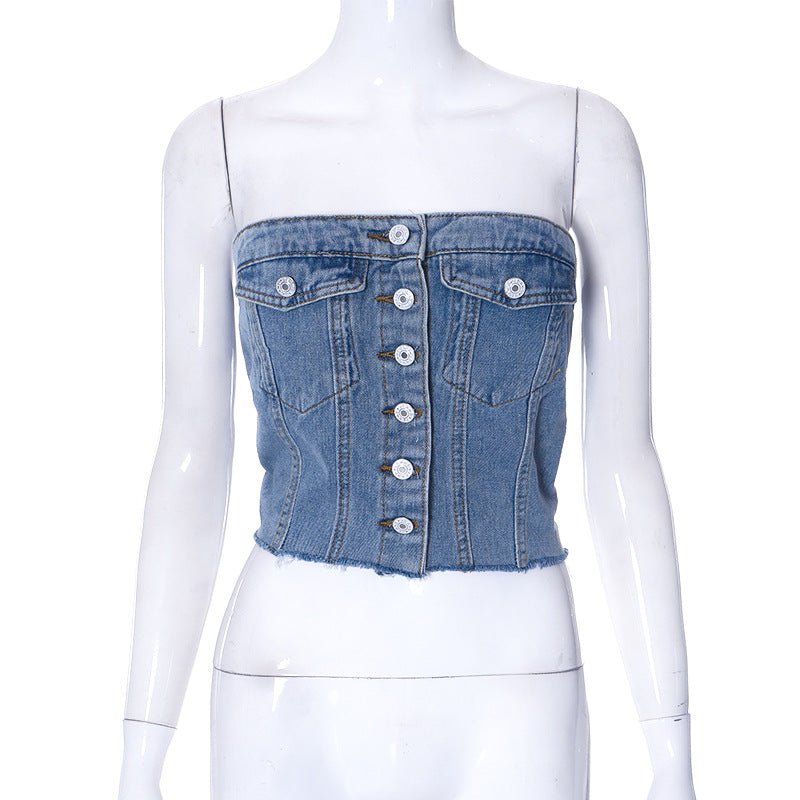 BamBam Women's Summer Fashion Street Trend Denim Elastic Wrap Button Top - BamBam