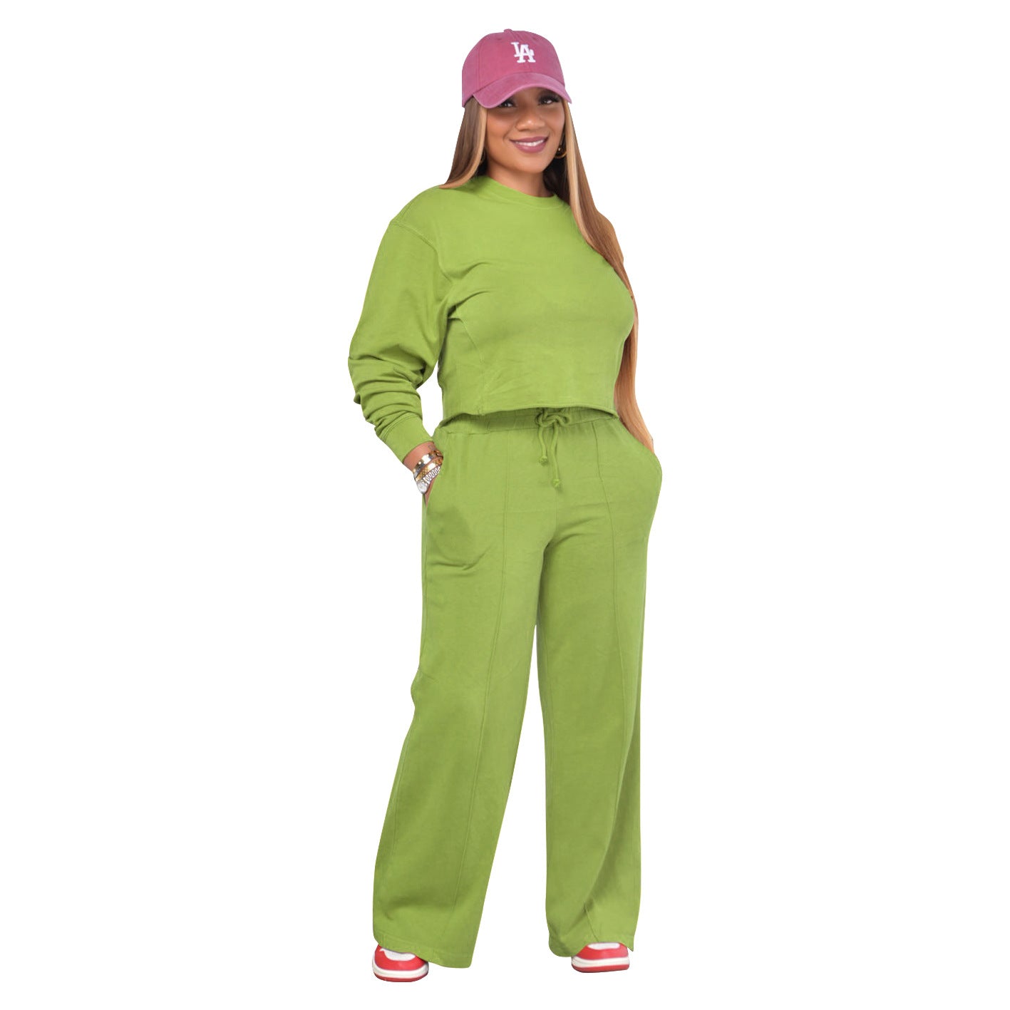 BamBam Women Solid Long Sleeve Top and Pant Casual Two-piece Set - BamBam