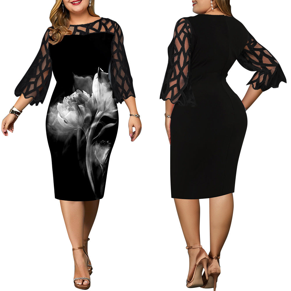 BamBam Autumn Digital Printing Lace Patchwork 3/4 Sleeve Dress Plus Size Women - BamBam