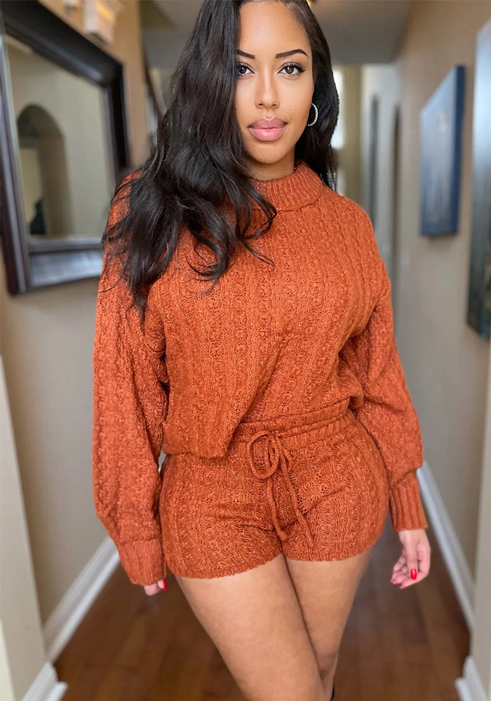 Women Solid sweater and shorts two-piece set