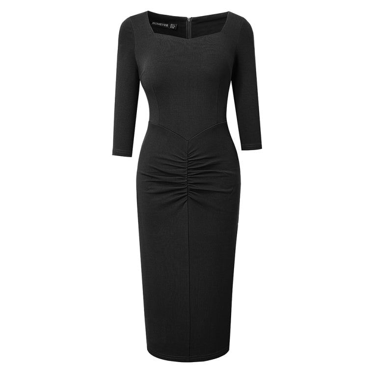 BamBam Career Ladies Square Neck 3/4 Sleeve Patchwork Ruched Tight Fitting Midi Dress - BamBam