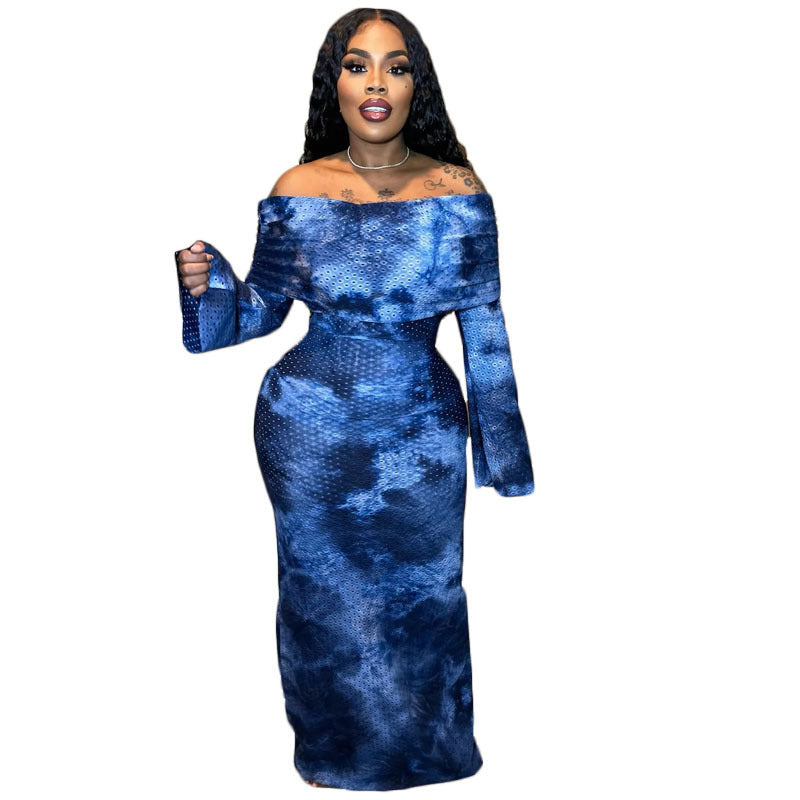 BamBam Women's Autumn And Winter Off Shoulder Sexy Printed Dress - BamBam