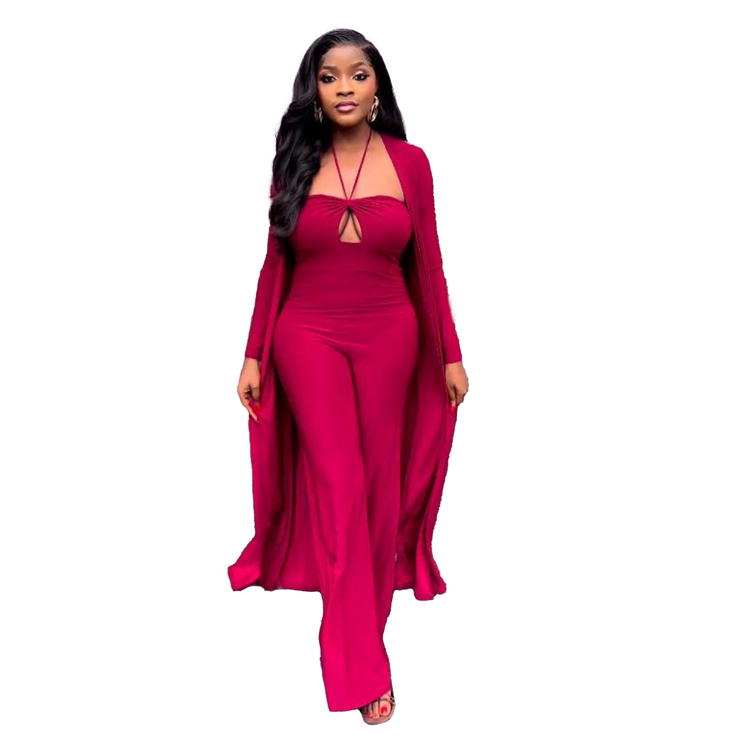 BamBam Sexy Solid Color Halter Neck Long-Sleeved Coat Jumpsuit Two-Piece Set - BamBam Clothing