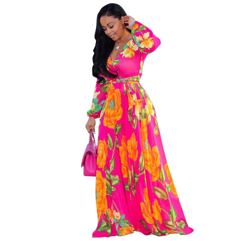 Long Sleeves Floral Chiffon Maxi Dress