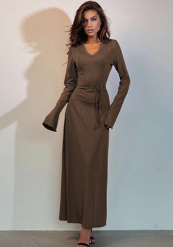 Women's Winter Chic V Neck Slim Fit Belt Long Sleeve Dress