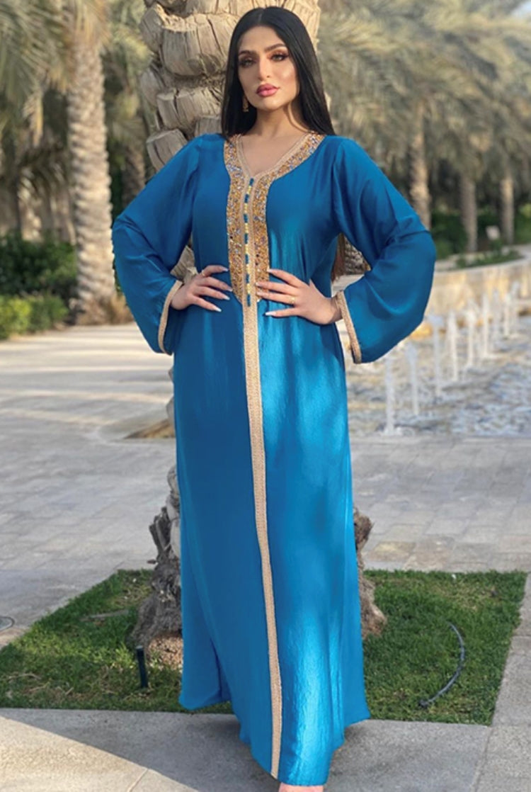 Arab Dubai Arab Middle East Turkey Morocco Islamic Clothing Kaftan Abaya Embroided Muslim Dress Blue