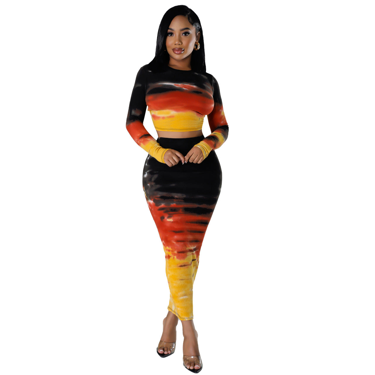 BamBam Women Sexy Ribbed Printed Top and Bodycon Skirt Two-piece Set - BamBam