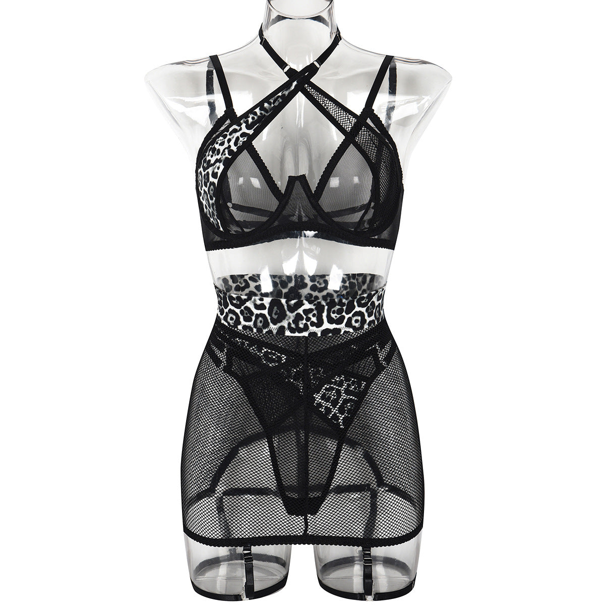 BamBam Women Fishnet Leopard Patchwork Mesh Hollow Halter Neck Crossover Sexy Lingerie Three-Piece - BamBam