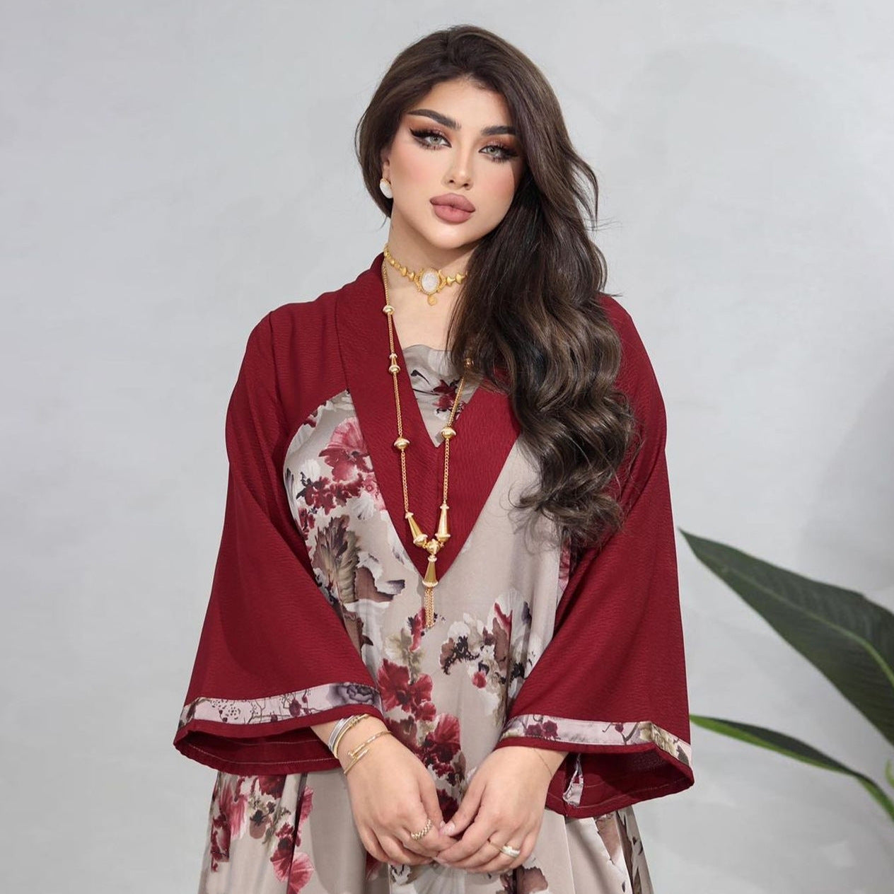 BamBam Muslim Print Patchwork Long Sleeve Dress Robe - BamBam
