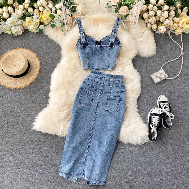 BamBam Women Feminine Crop Top and Denim Skirt Two-piece Set - BamBam