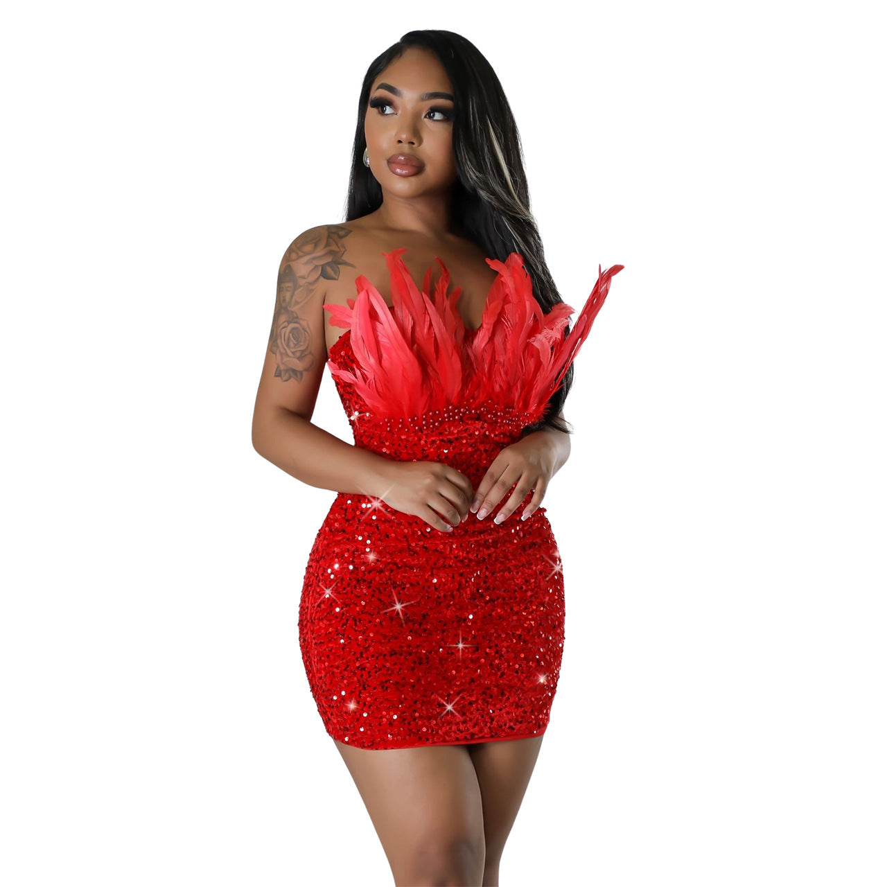 BamBam Women Feather Sequins Sexy cocktail party club Ladies Bodycon Dress - BamBam Clothing