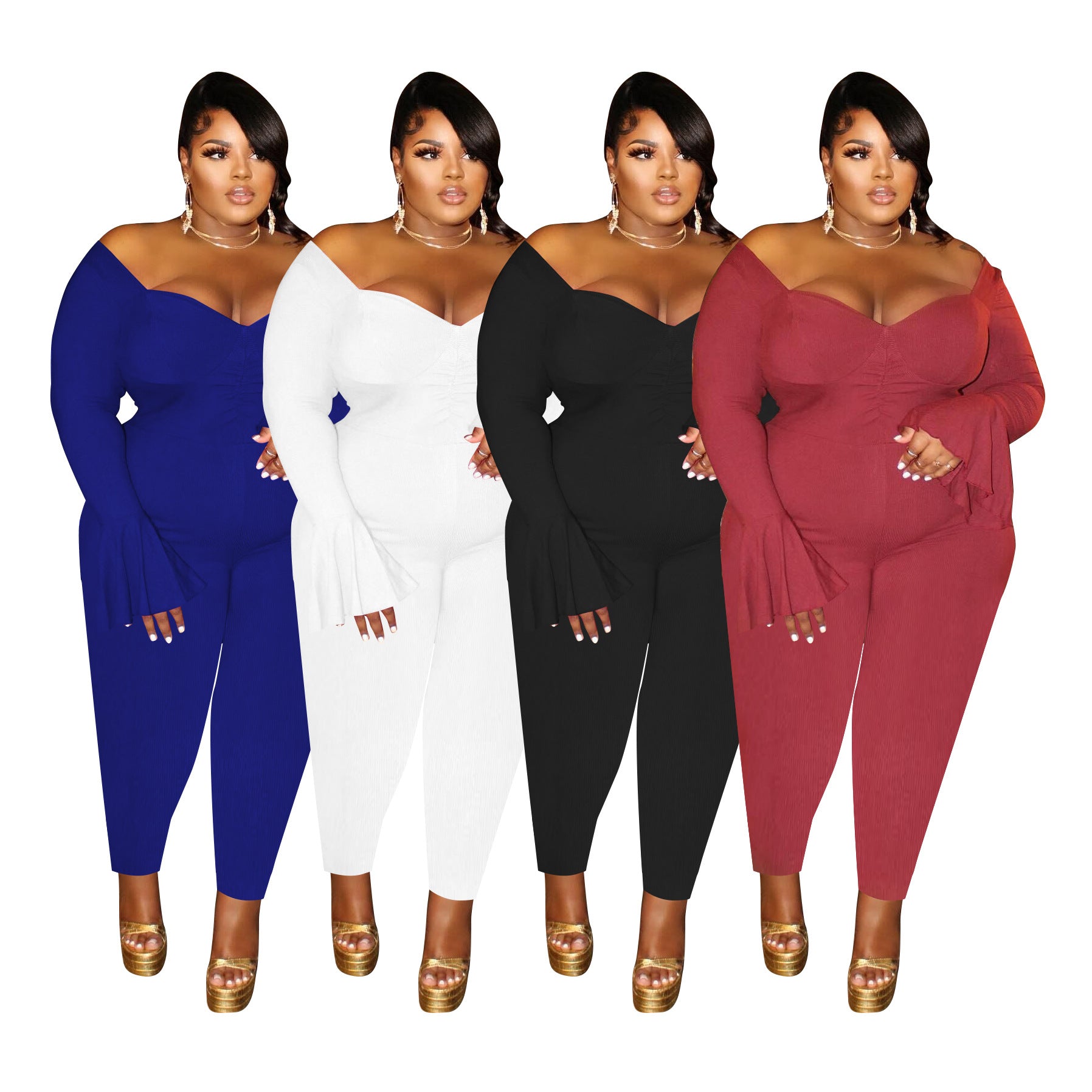 Sexy Deep V Plus Size Women'S Flare Long Sleeve Off Shoulder Jumpsuit