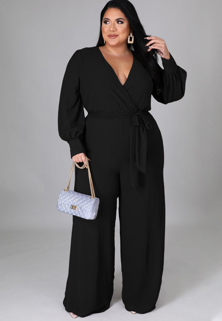 Autumn Plus Size Elegant Wrap Jumpsuit Black