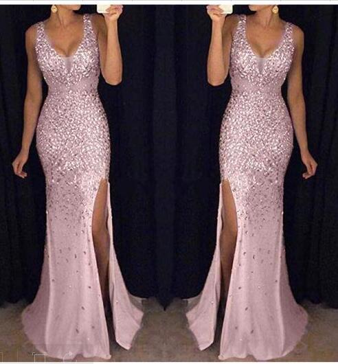 BamBam Summer Elegant Sleeveless Split Shiny Dress Long Dress Evening Dress - BamBam Clothing