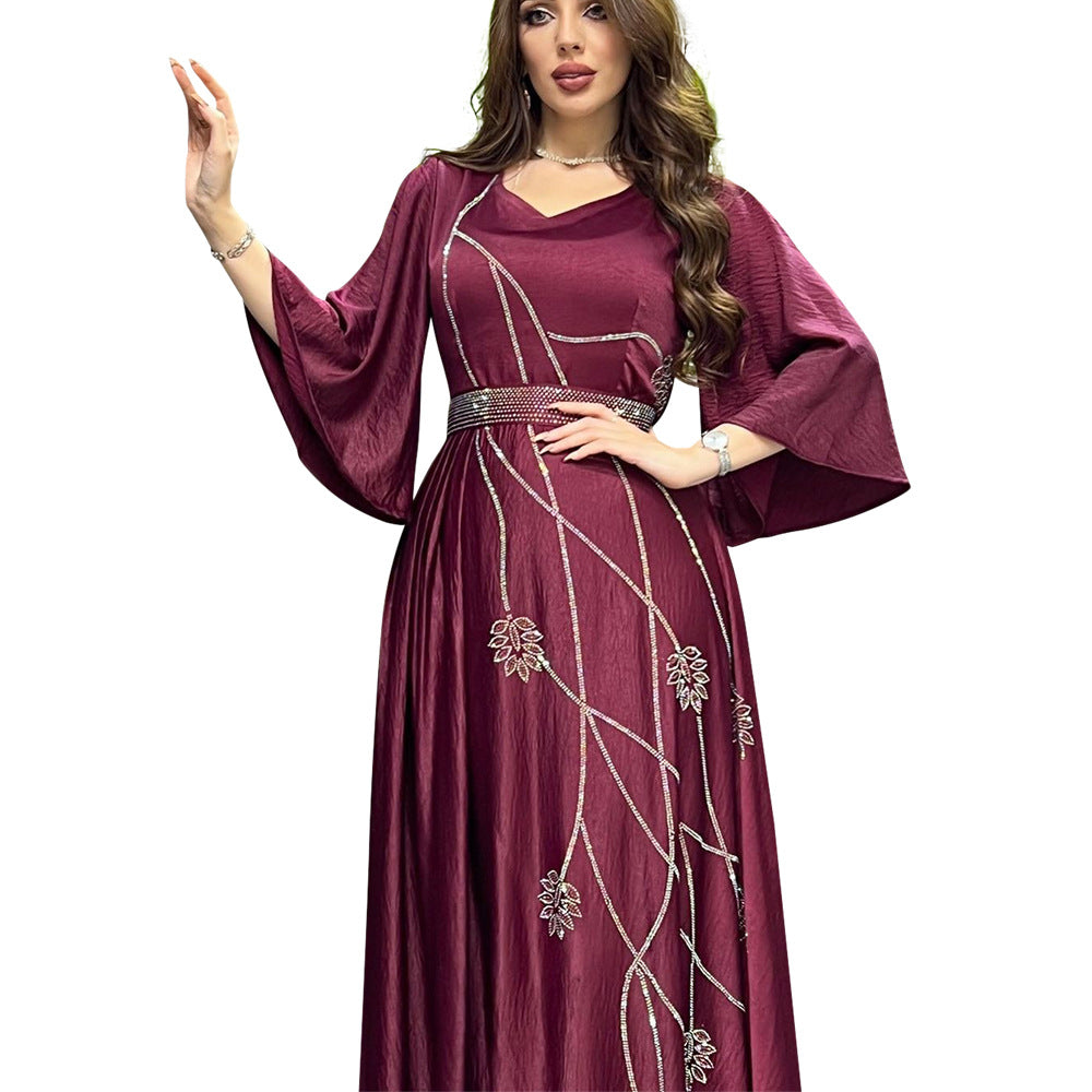 BamBam Muslim Abaya Leaf Pattern Beaded Dubai Robe Dress With Diamond Belt - BamBam