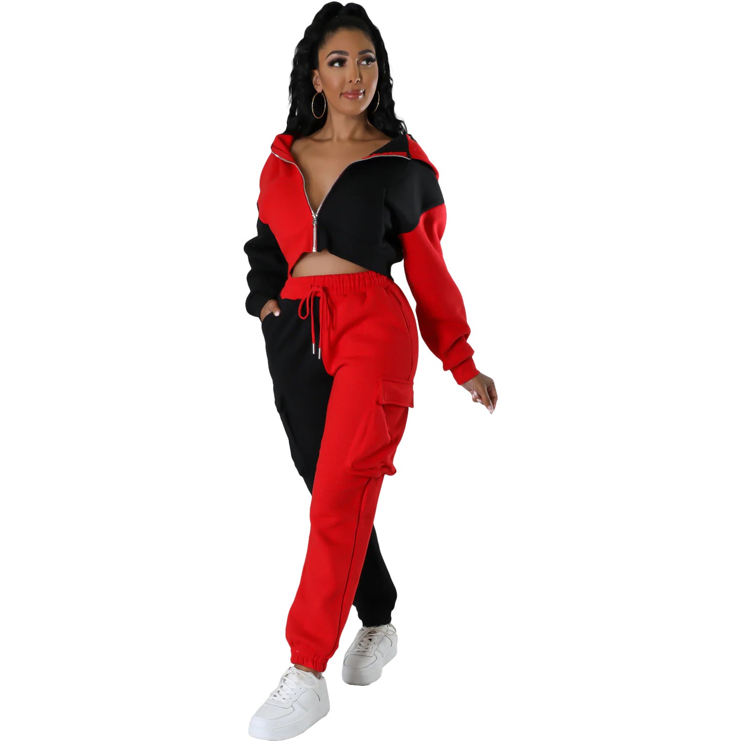 BamBam Women Colorblocked Velvet Pocket Hoodies and Pant Casual Sports Two-piece Set - BamBam