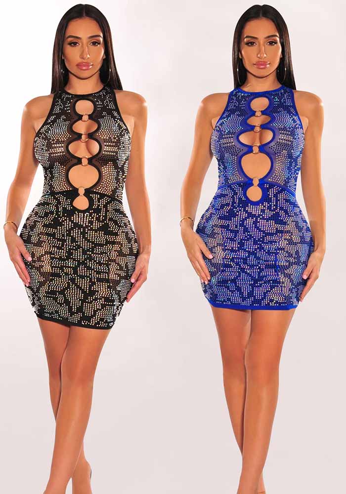 Women Solid mesh Beaded Hollow Bodycon Dress