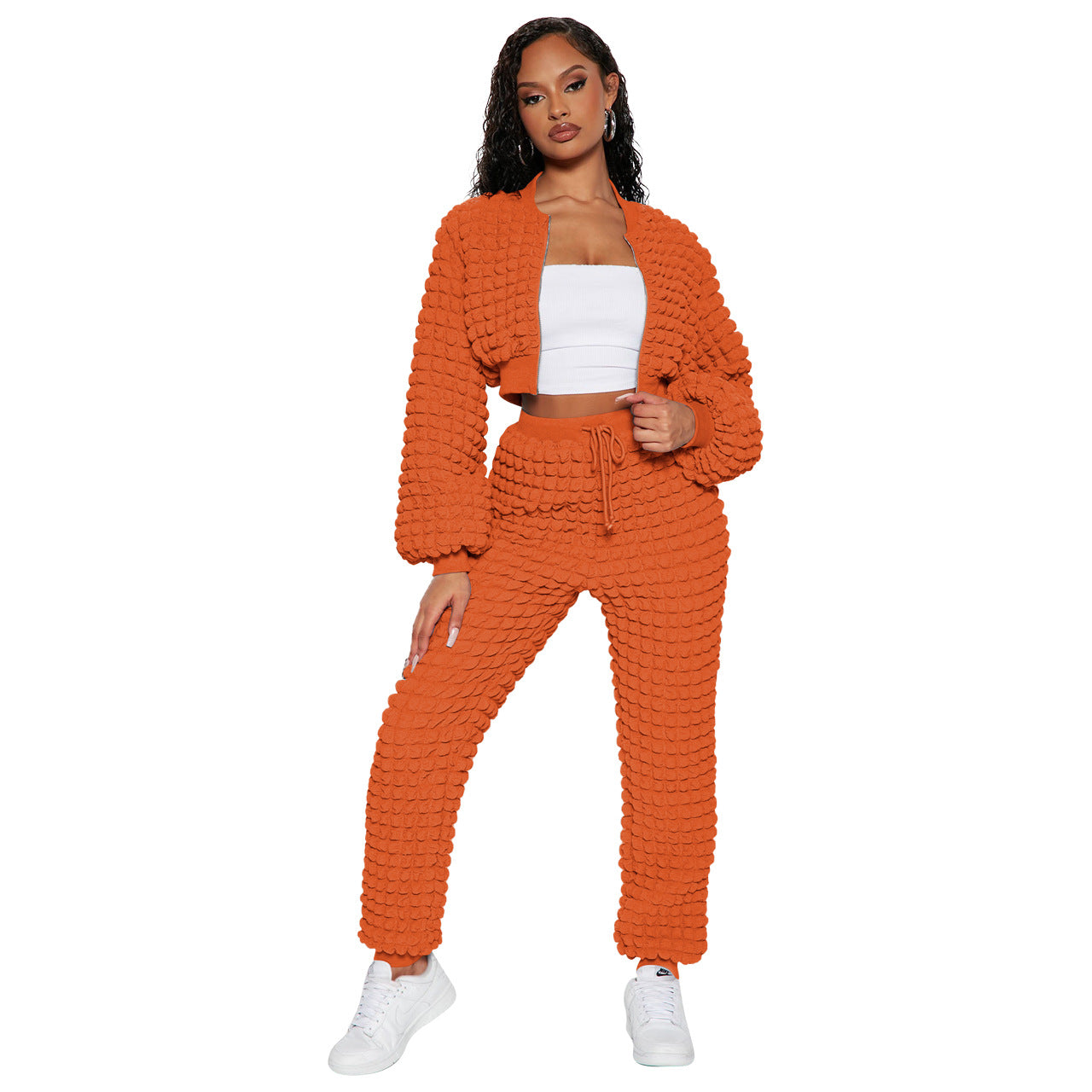 BamBam Women's Fashion Casual Solid Zipper Long Sleeve Draw String Two-Piece Pants Set - BamBam