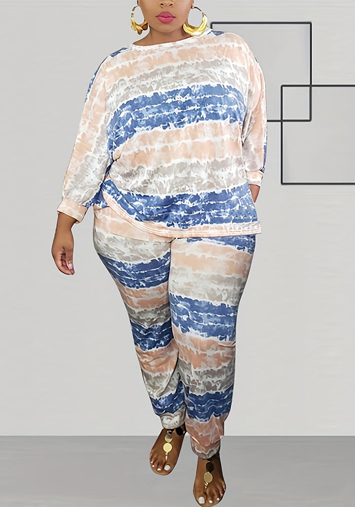 Plus Size Women Striped Print Long Sleeve Top and Pant Two-piece Set