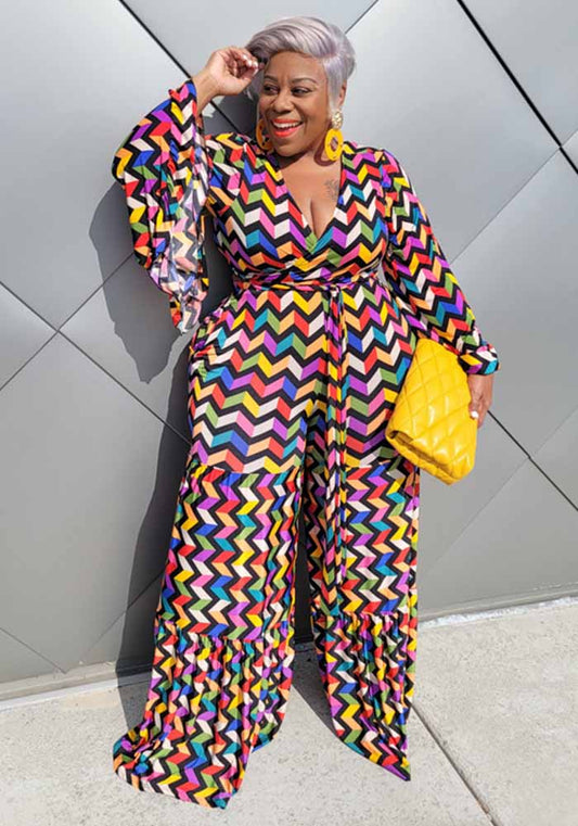 Women Spring Printed Formal V-neck Full Sleeves Geometric Print Loose Plus Size Jumpsuit