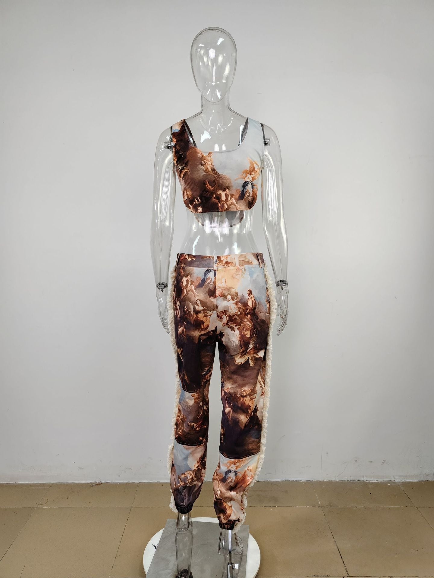 BamBam Women's Sexy Crop Camouflage Vest High Waist Printed Tassel Pants Two Piece Set - BamBam