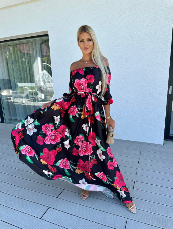 BamBam Summer Beach Holidays Chic Off Shoulder Print Maxi Dress - BamBam