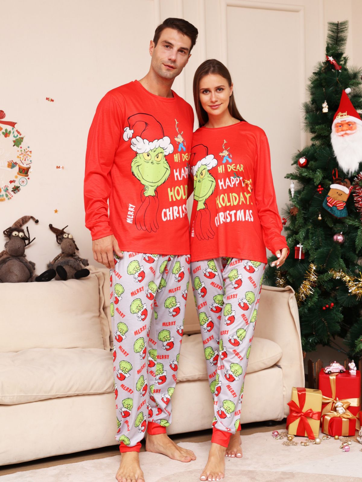 BamBam Christmas Family Wear Letter Cartoon Monster Printed Home Clothes Pajama Two-piece Set - BamBam