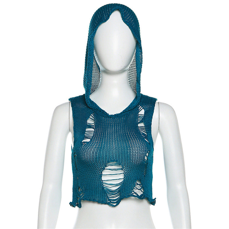 BamBam Autumn Women's Fashion Casual Sleeveless Hollow Pullover Knitting Hooded Slim Vest Top - BamBam