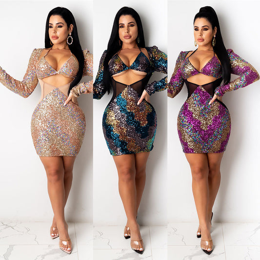 Sexy Chic Career Print Sequin Long Sleeve Dress Nightclub