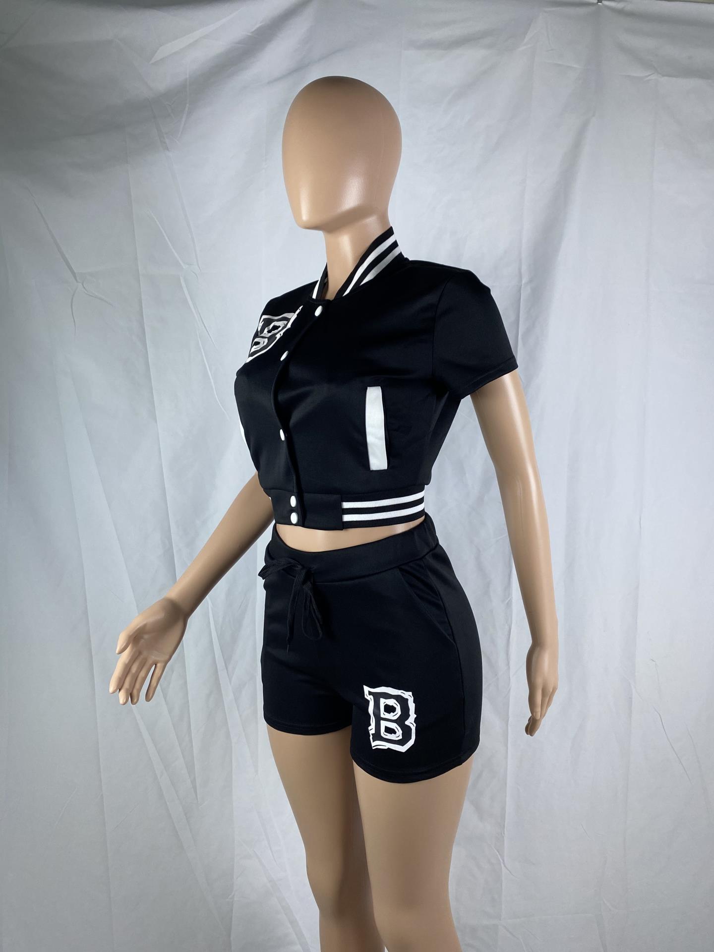BamBam Women Baseball Print Short Sleeve Top And Shorts Two-Piece Set - BamBam