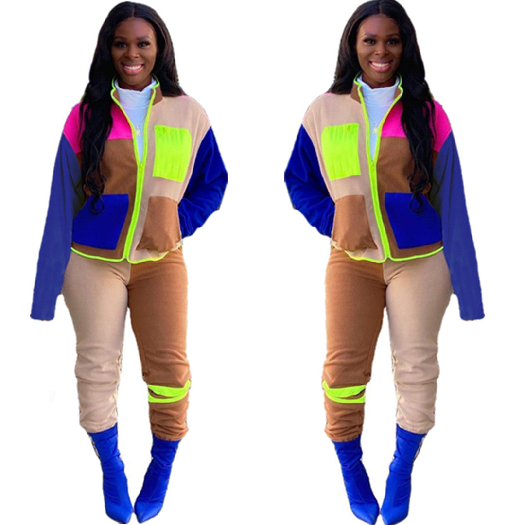 BamBam Women contrast color long-sleeved jacket and pant two-piece set - BamBam