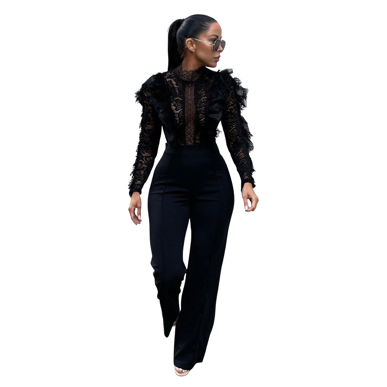 BamBam Women's autumn and winter lace fringed trousers See-Through sexy Jumpsuit - BamBam Clothing