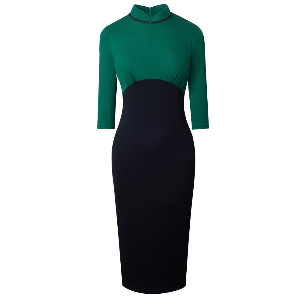 BamBam Women Elegant Round Neck Zip Colorblock Bodycon Dress - BamBam