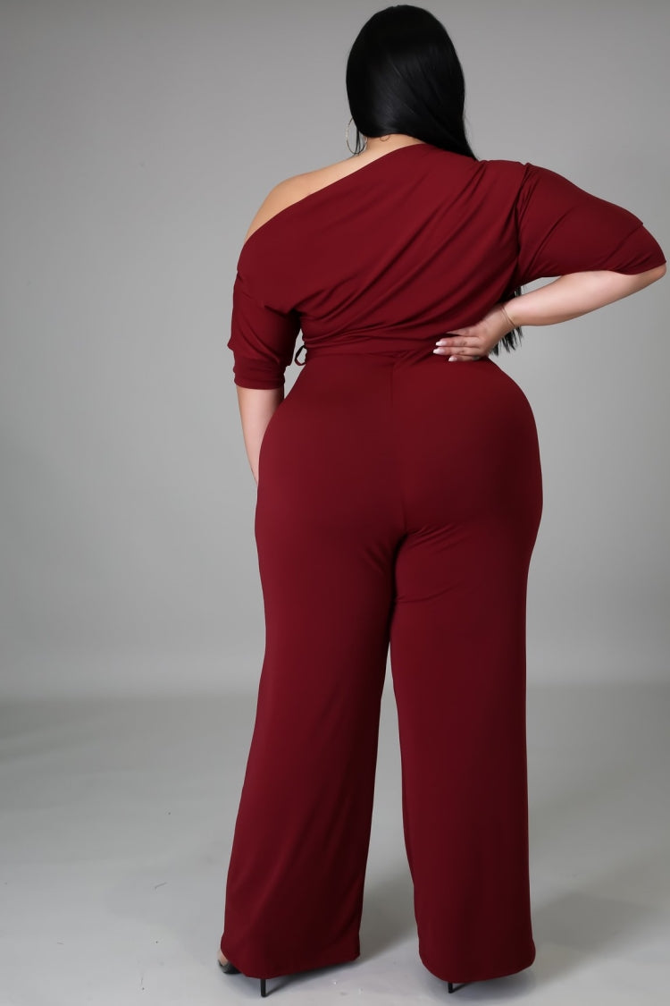 BamBam Summer Plus Size Burgunry Slash Shoulder Formal Jumpsuit - BamBam Clothing