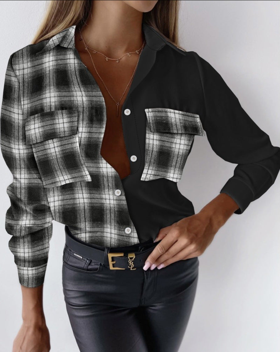 BamBam Women Autumn Plaid Long Sleeve V-Neck Button Patchwork Shirt - BamBam