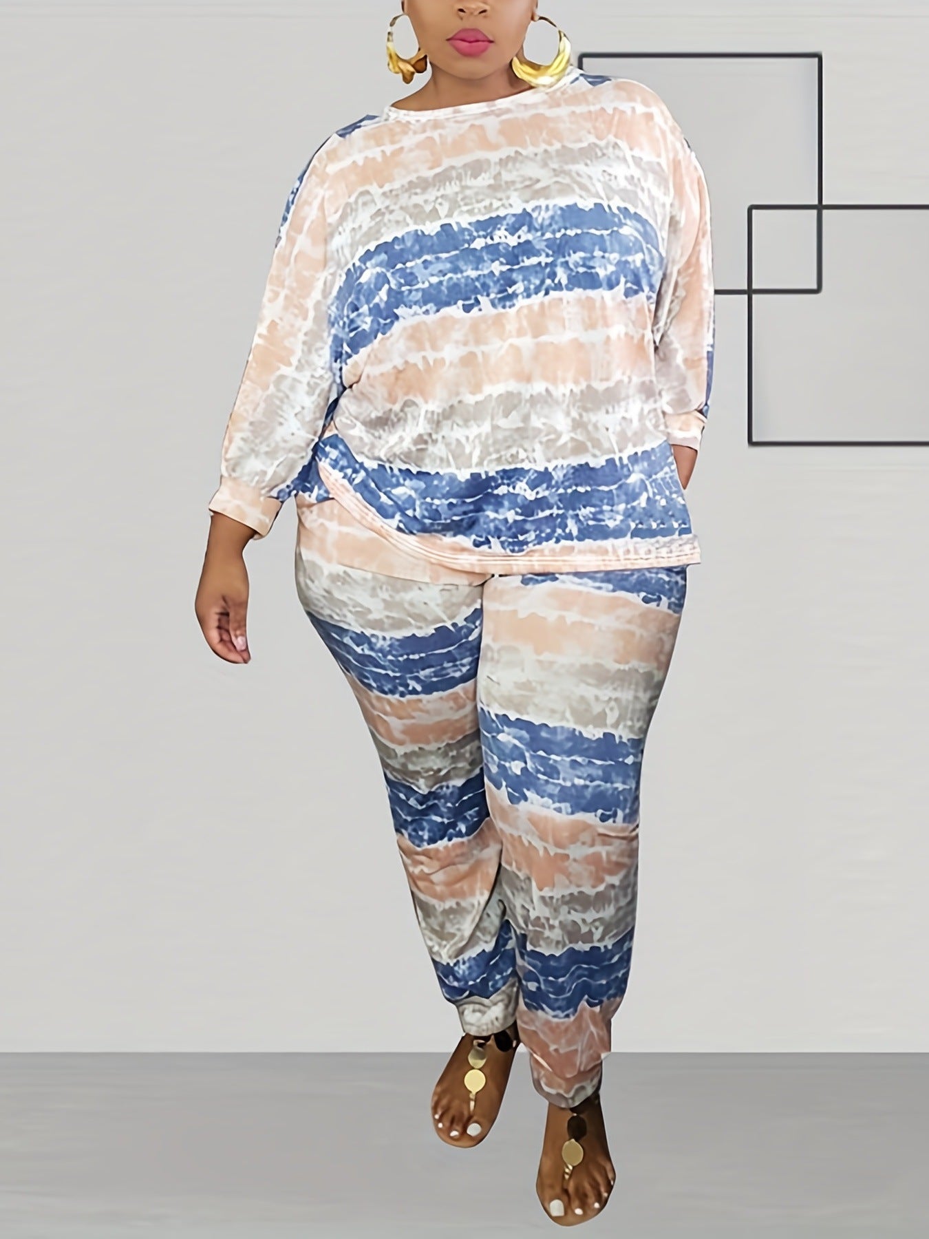 BamBam Plus Size Women Striped Print Long Sleeve Top and Pant Two-piece Set - BamBam