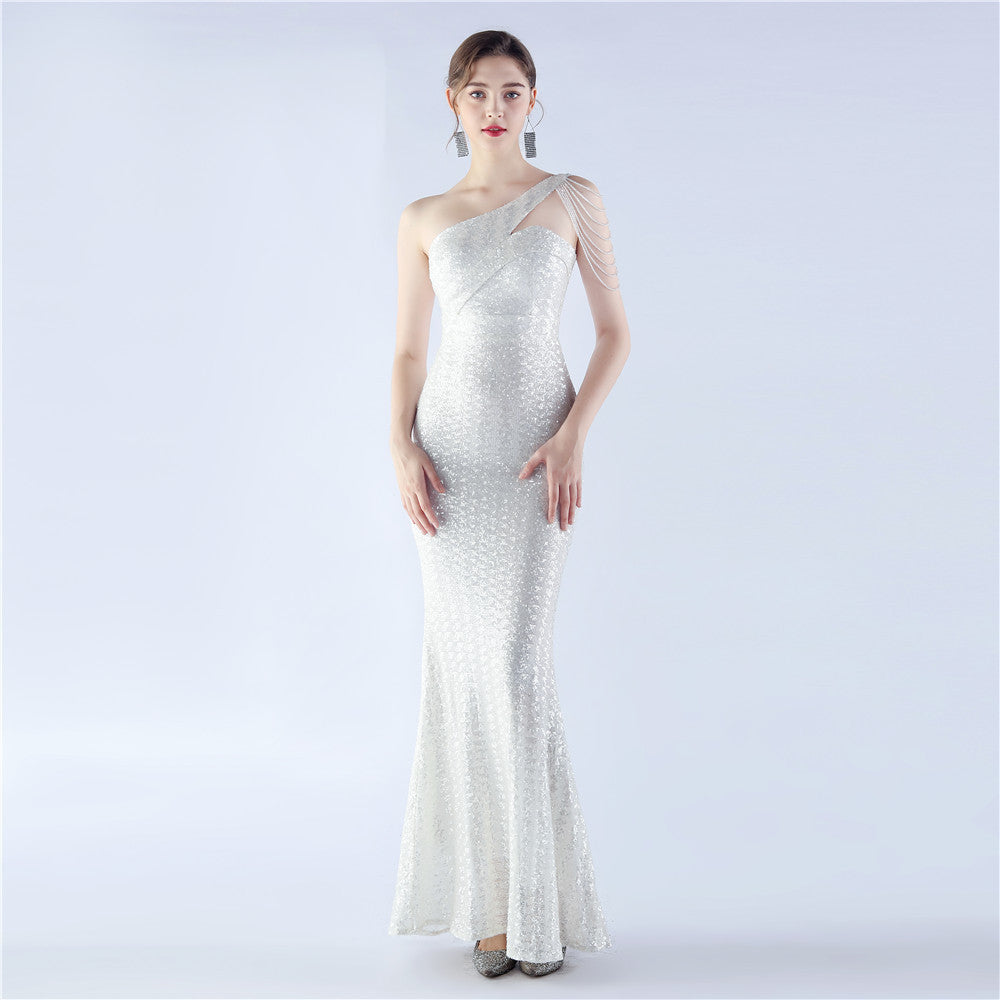 BamBam Women Beaded One Shoulder Slash Shoulder Evening Dress - BamBam Clothing