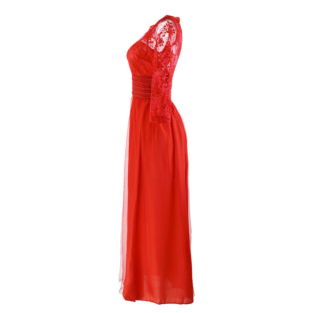 BamBam Autumn Women's Red Long Sleeve Premium Lace See-Through Evening Date Gown - BamBam Clothing