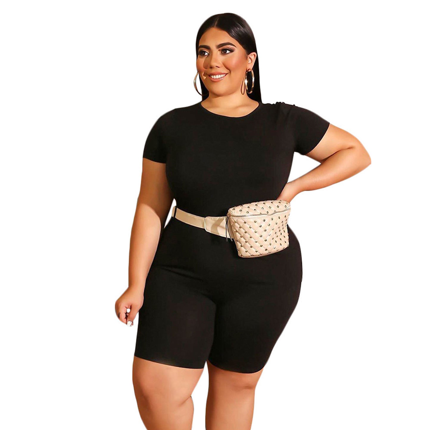 BamBam Plus Size Women's Casual Solid Round Neck Short Sleeve T-Shirt Shorts Two Piece Set - BamBam