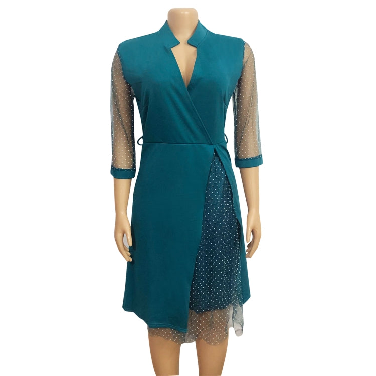 BamBam Autumn Plus Size Formal Mesh Patch Polka Dot Green Knee-Length Office Dress - BamBam